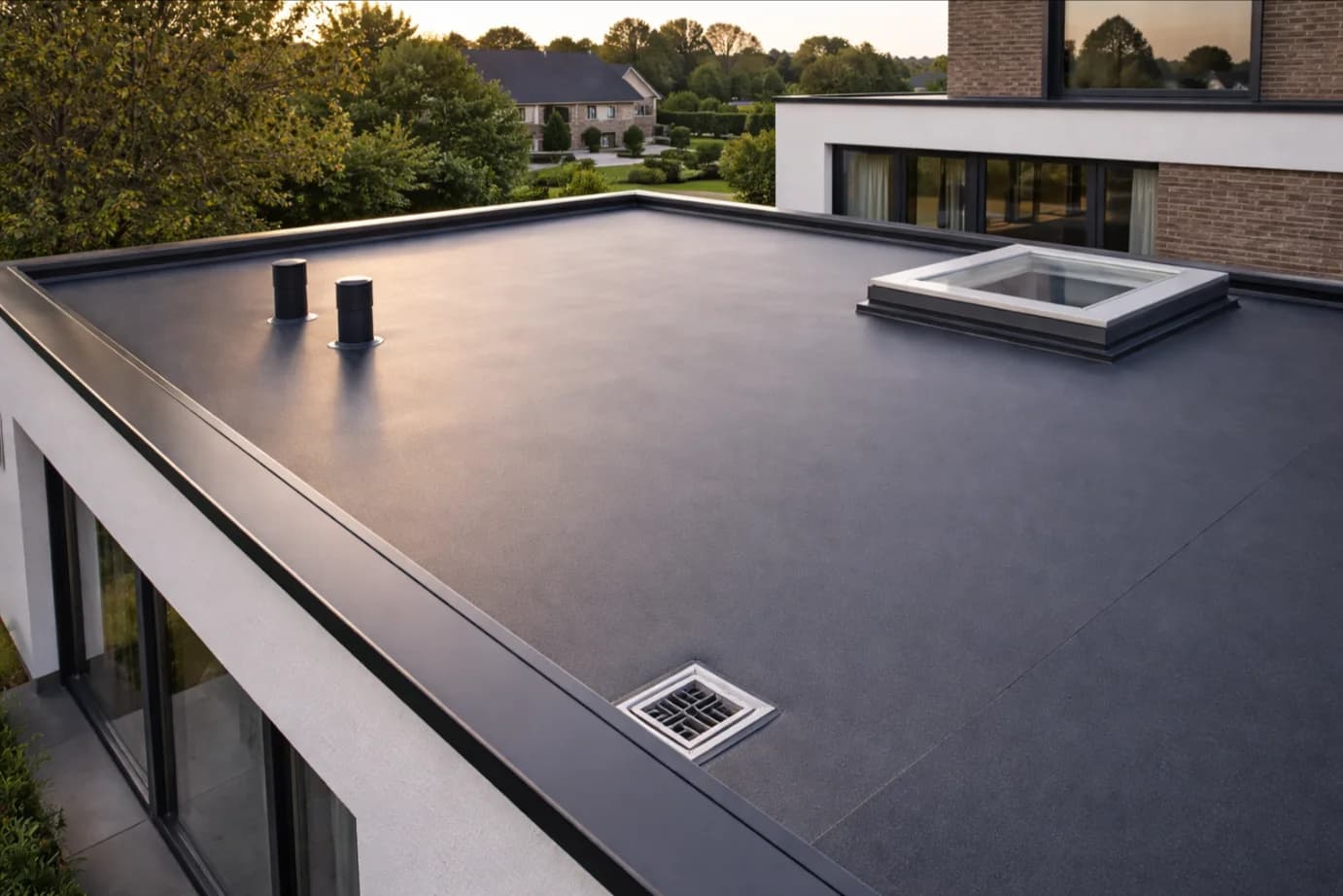 Afgewerkt plat dak met lichtkoepel op een nieuwbouwwoning