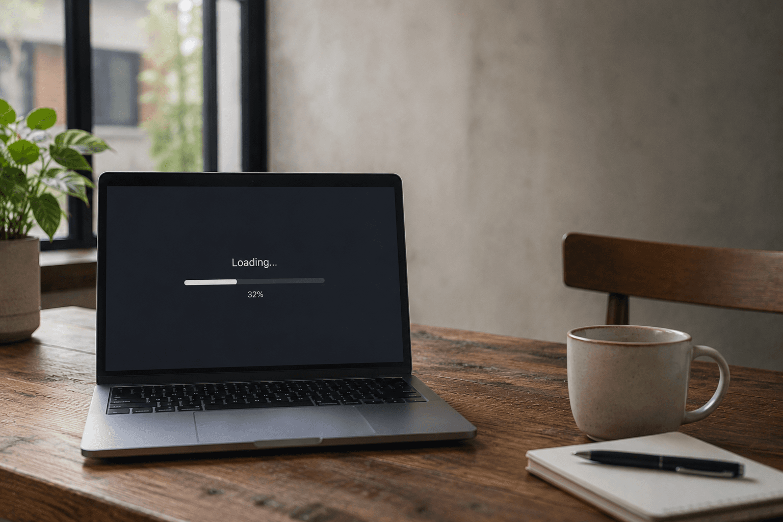 Laptop op een houten tafel met een laadbalk op 32 procent