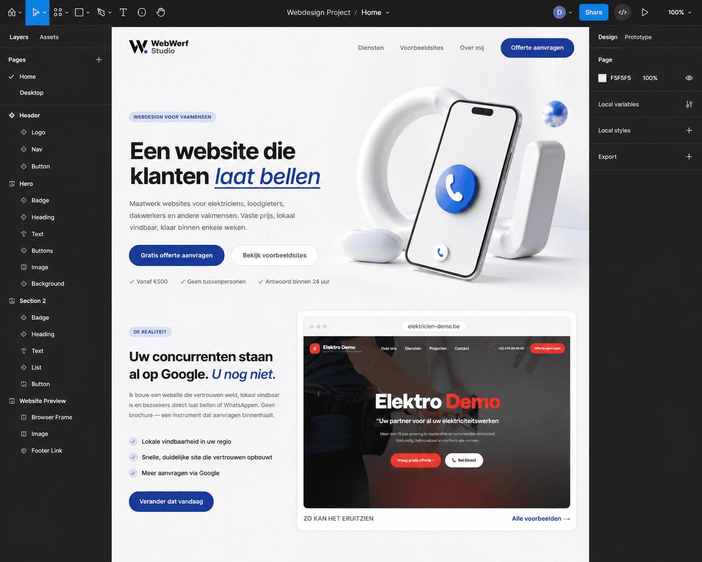 Het ontwerp van een website in het ontwerpprogramma