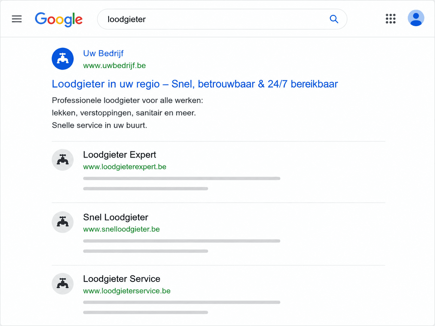 Zoekresultaat in Google voor een loodgieter in de regio