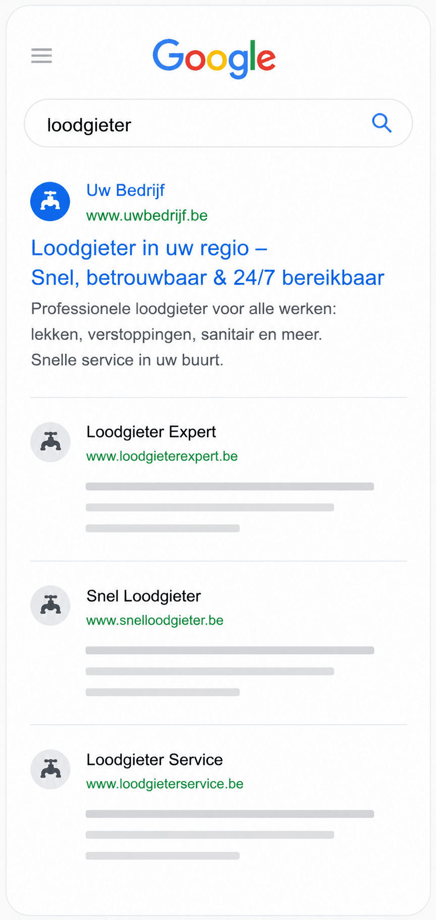 Zoekresultaat in Google voor een loodgieter in de regio