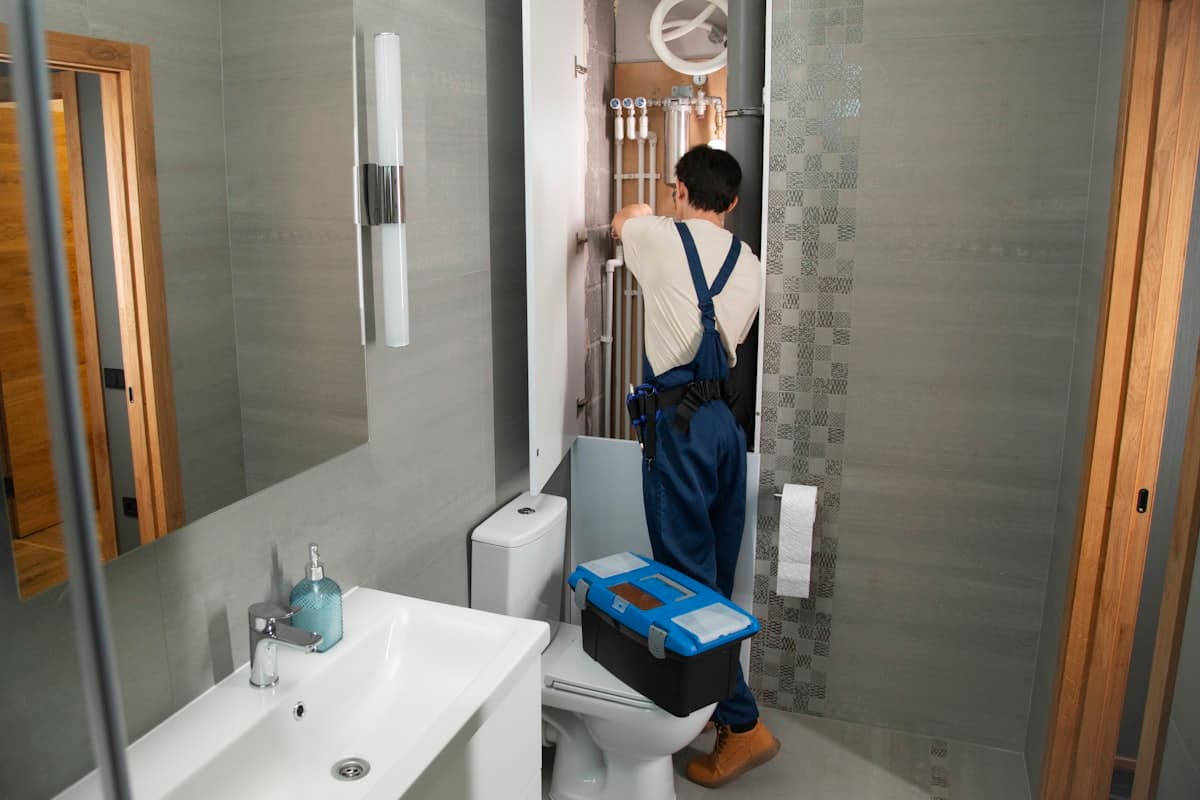 Loodgieter aan het werk achter een badkamerwand