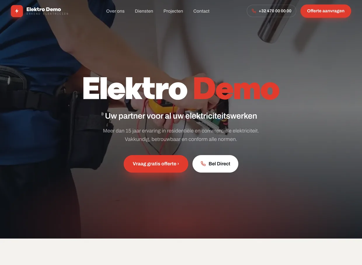 Schermafbeelding van de voorbeeldsite voor elektriciens
