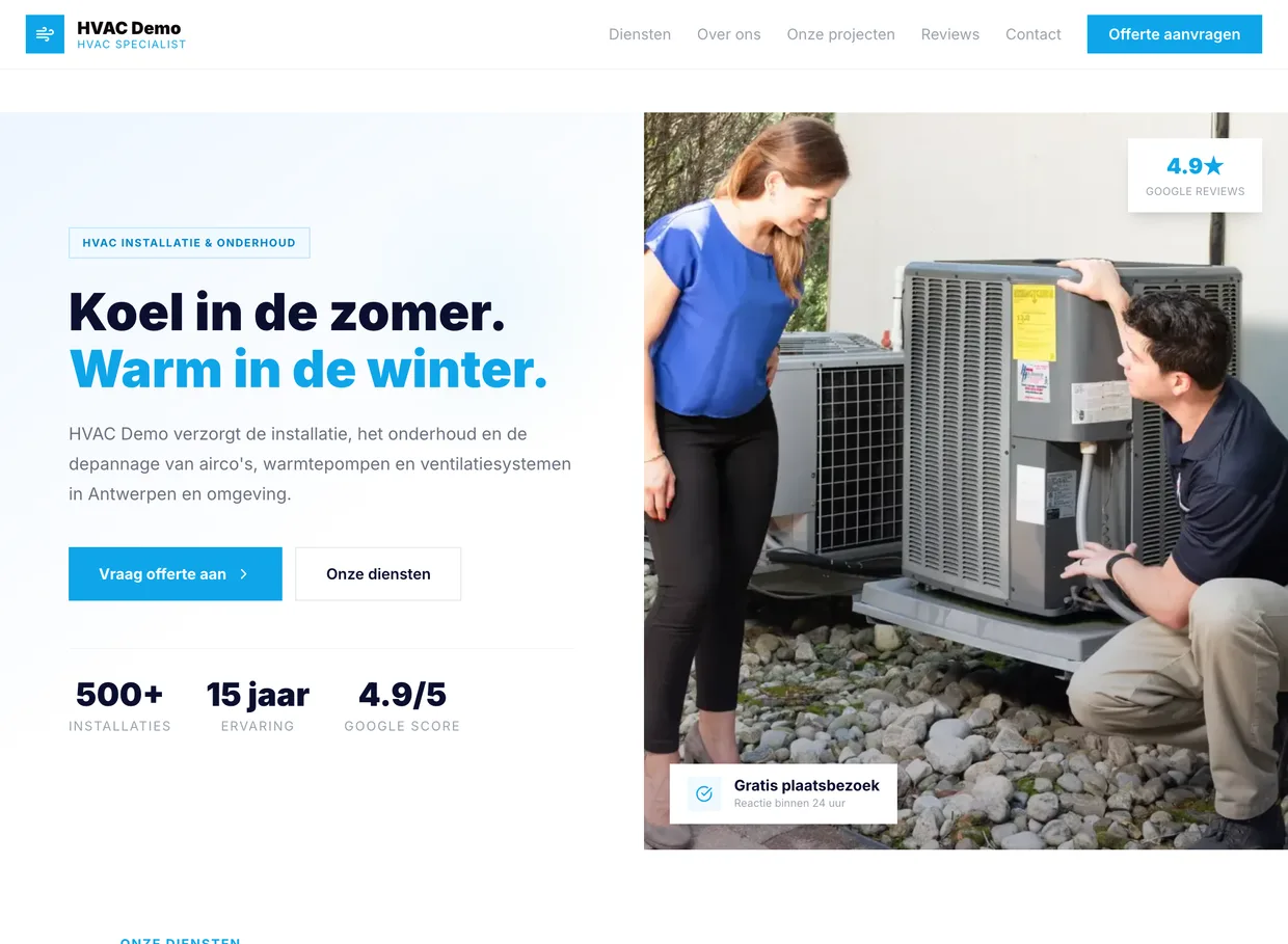 Schermafbeelding van de voorbeeldsite voor HVAC- en airco-specialisten