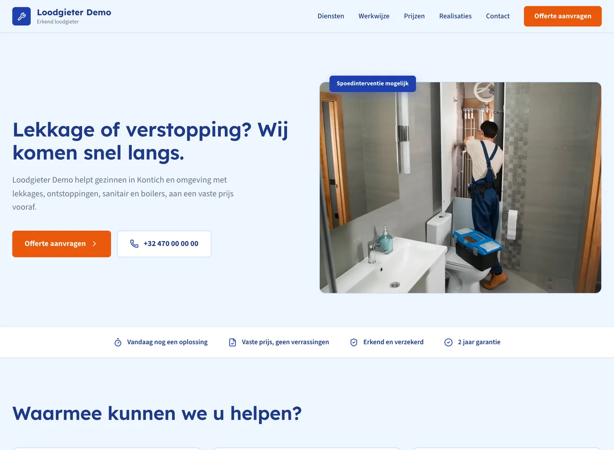 Schermafbeelding van de voorbeeldsite voor loodgieters