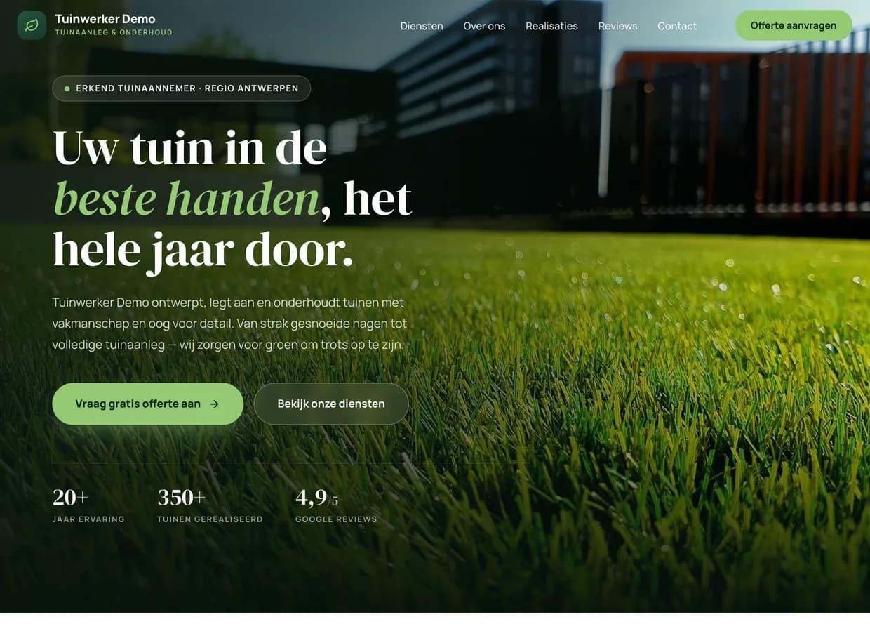Schermafbeelding van de voorbeeldsite voor tuinaannemers en hoveniers
